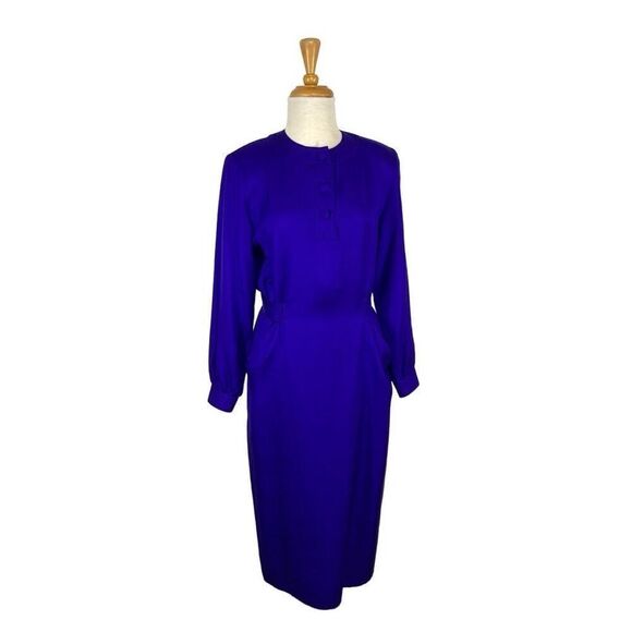 MBR International 6 S Cobalt Blue Silk Dress 1980s Does 1940s Volup VTG Midi - Picture 9 of 11